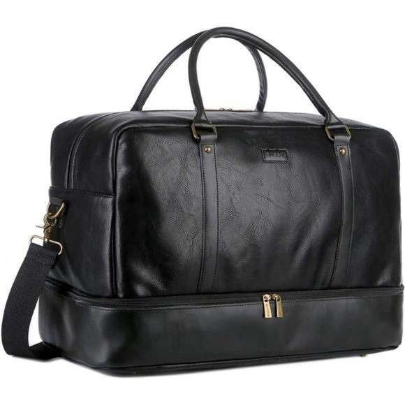 Leather Large Travel Duffel Tote Bag Carry On Bag With Shoe Compartment (Black)